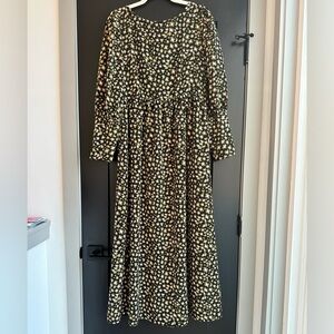 Who What Wear long sleeve, maxi dress. Black, pink and green pattern. Size M.